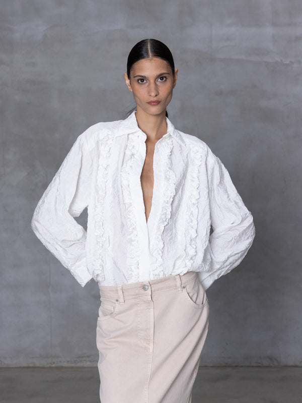 CRINKLED VISCOSE BUTTON DOWN SHIRT WITH FLOUNCE - OFF WHITE