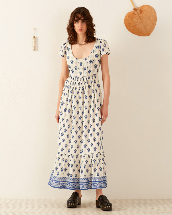 MINKA INDIGO BHUTTI DRESS - IVORY INDIGO