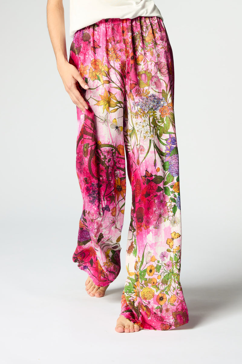 FLOWERS AND BUTTERFLIES MARMO EFFECT SILK PALAZZO PANTS - CLEMATIS