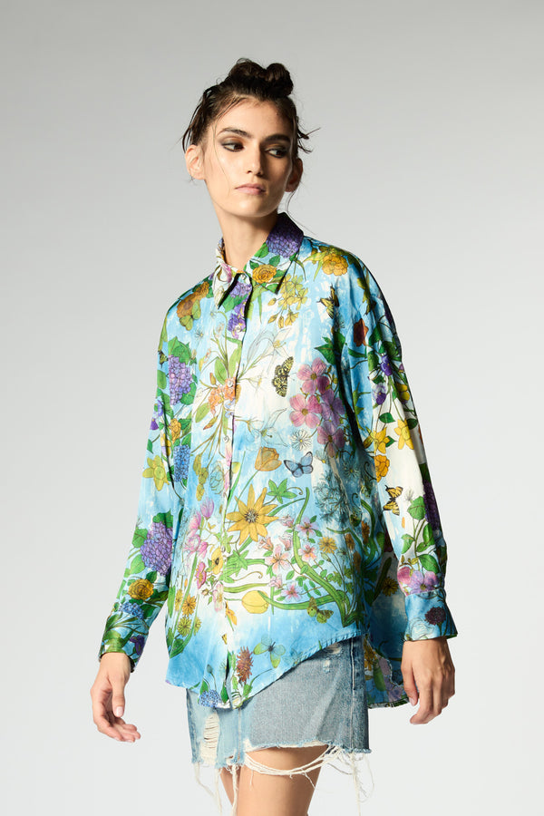 FLOWERS AND BUTTERFLIES MARMO EFFECT SILK SHIRT - WATER