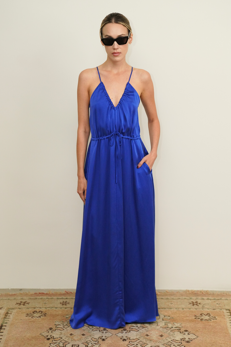 CLAUDE V-NK CINCHED MAXI DRESS - LAPIS