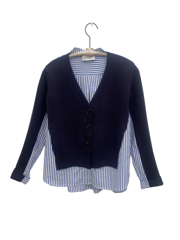 MIXED MEDIA CARDIGAN WITH PIN STRIPE SHIRTING